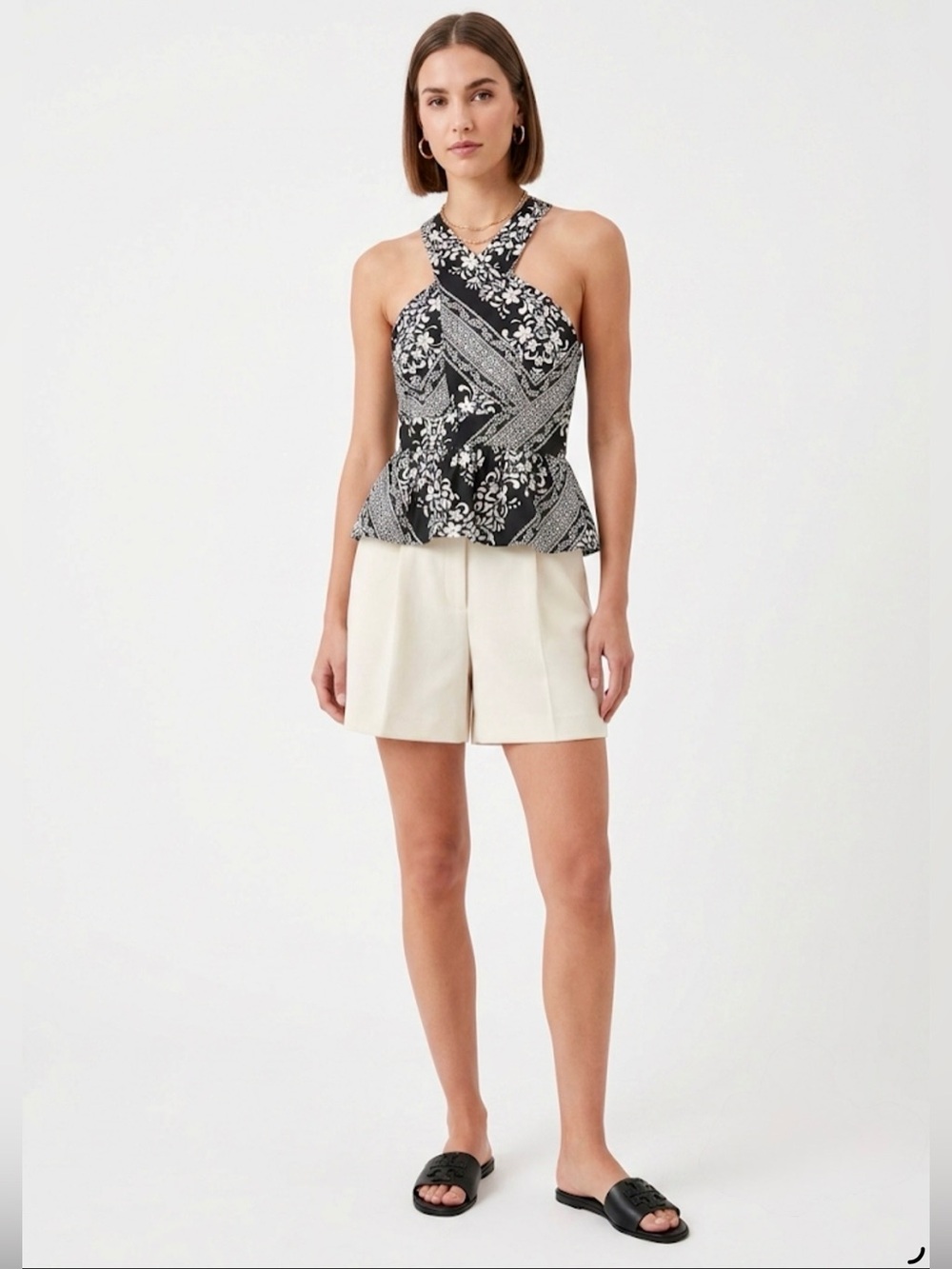 LOFT Black White Bandana Tile Print Crisscross Halter Peplum Top Sz 8